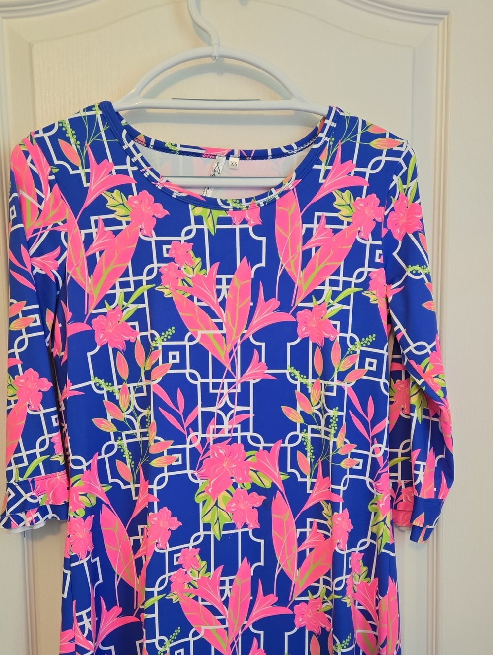 Lulu-B Blue Long Sleeve Scoop Neck Top with Pink Floral Print